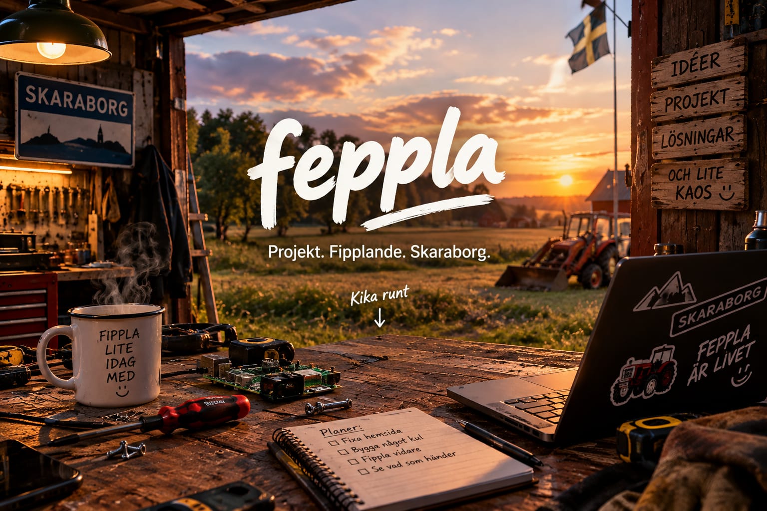 feppla – Projekt. Fipplande. Skaraborg. En verkstad med öppen port mot en åker i solnedgång, med traktor, svensk flagga, skyltar med texten Idéer, Projekt, Lösningar och lite kaos, och en arbetsbänk med kaffemugg, kretskort, laptop och en anteckningsbok med planer.